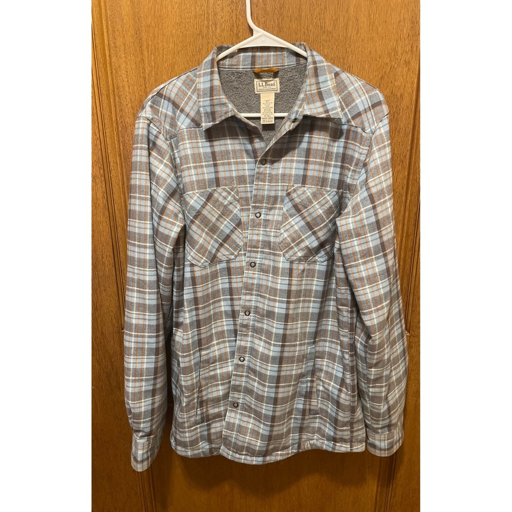 LL Bean Mens M-Tall Fleece Lined Insulated Plaid Shirt Jacket Blue Grey 518910